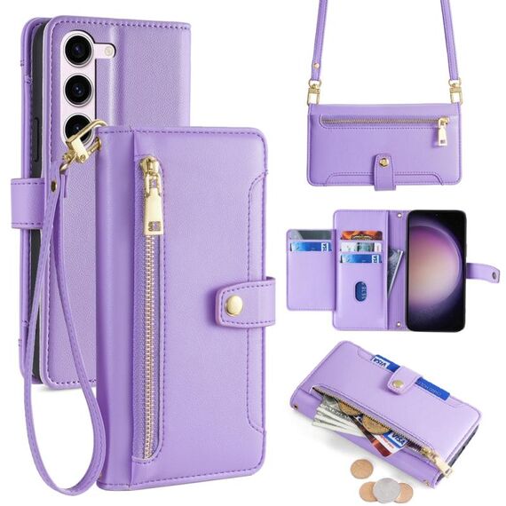 Per Samsung Galaxy S24+ 5G Custodia per telefono in pelle con cerniera a tracolla con trama di pecora (viola)