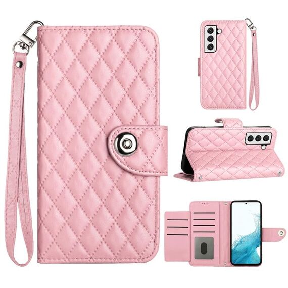 Custodia per cellulare in pelle con texture rombica per Samsung Galaxy S22 5G con cordino (rosa)