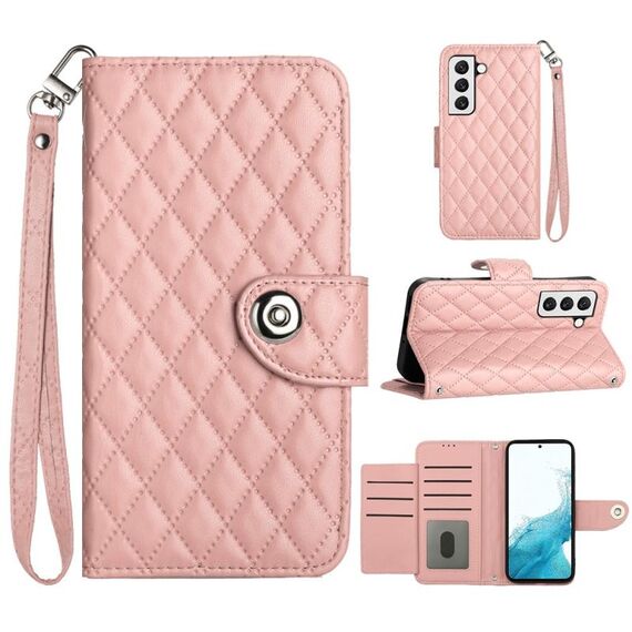 Custodia per cellulare in pelle con texture rombica per Samsung Galaxy S22+ 5G con cordino (rosa corallo)