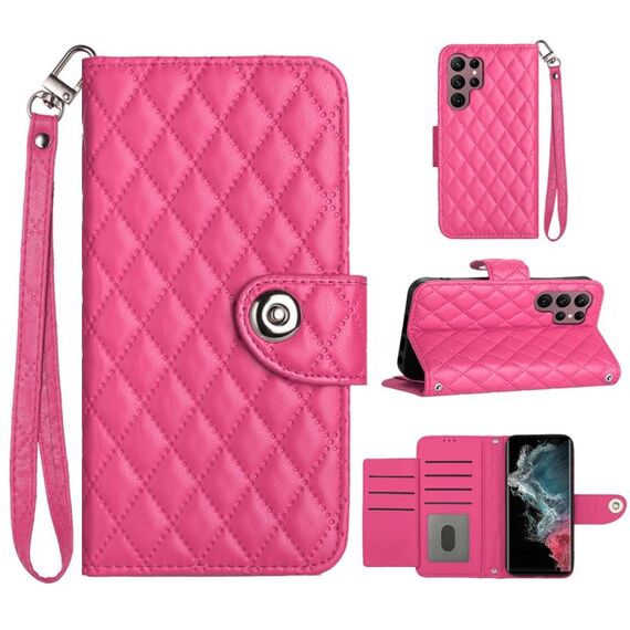 Custodia per cellulare in pelle con texture rombica per Samsung Galaxy S22 Ultra 5G con cordino (rosa rosso)