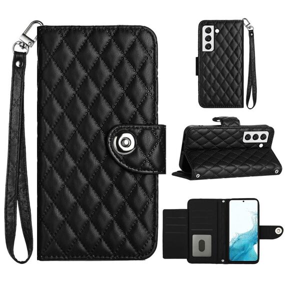 Custodia per cellulare in pelle con texture rombica per Samsung Galaxy S23 5G con cordino (nero)