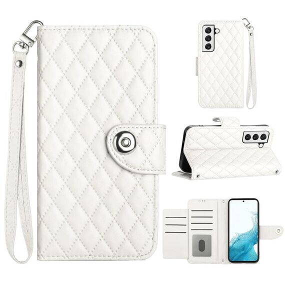 Custodia per cellulare in pelle con texture rombica per Samsung Galaxy S23+ 5G con cordino (bianca)