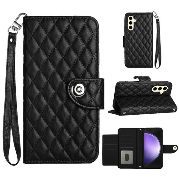 Custodia per cellulare in pelle con texture rombica per Samsung Galaxy S24 5G con cordino (nero)