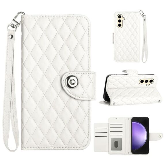 Custodia per cellulare in pelle con texture rombica per Samsung Galaxy S24 5G con cordino (bianco)