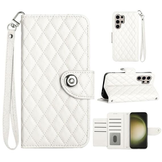 Custodia per cellulare in pelle con texture rombica per Samsung Galaxy S24 Ultra 5G con cordino (bianca)