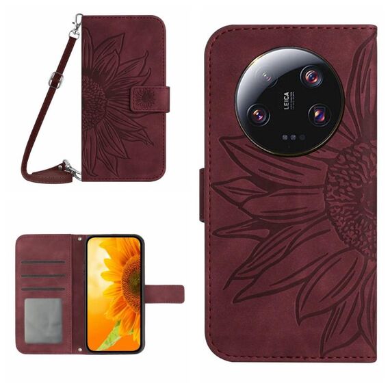 Per Xiaomi 14 Custodia per telefono in pelle Flip in rilievo Ultra Skin Feel Sun Flower con cordino (vino rosso)