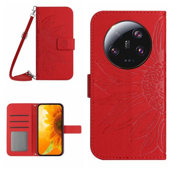 Per Xiaomi 14 Custodia per telefono in pelle Flip in rilievo Ultra Skin Feel Sun Flower con cordino (Rosso)