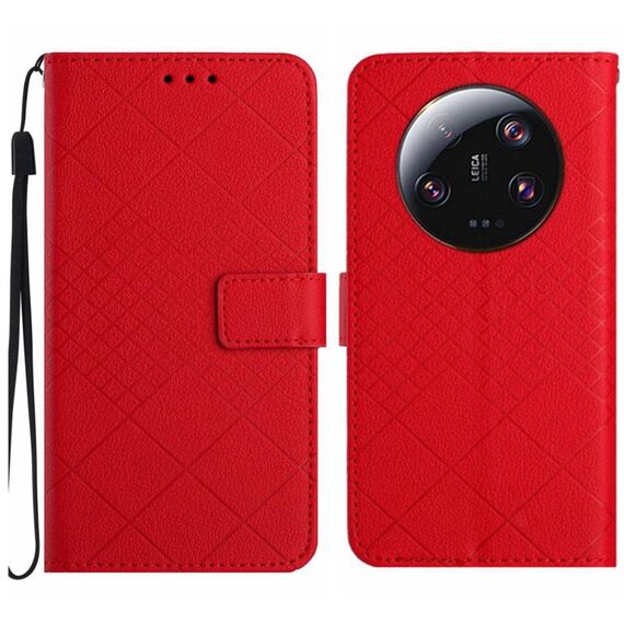 Custodia per telefono in pelle con struttura a griglia ultra rombica per Xiaomi 14 (rossa)
