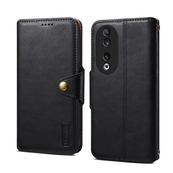 Custodia per telefono in pelle stile portafoglio con texture in pelle di vacchetta per Honor 90 Denior (nera)