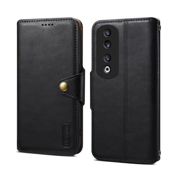 Custodia per telefono in pelle stile portafoglio con texture in pelle di vacchetta Denior per Honor 90 Pro (nera)