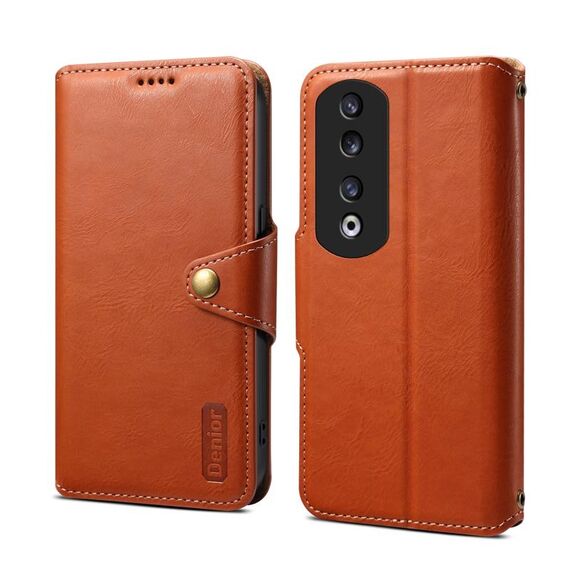Custodia per telefono in pelle stile portafoglio con texture in pelle di vacchetta Denior per Honor 90 Pro (marrone)