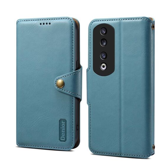 Custodia per telefono in pelle stile portafoglio con texture in pelle di vacchetta Denior per Honor 90 Pro (blu)