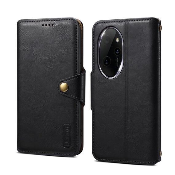 Custodia per telefono in pelle stile portafoglio con texture in pelle di vacchetta Denior per Honor 100 Pro (nera)