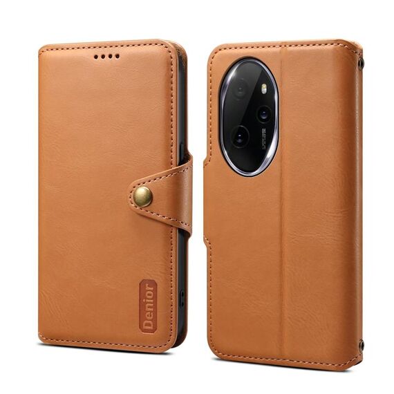 Custodia per telefono in pelle stile portafoglio con texture in pelle di vacchetta Denior per Honor 100 Pro (cachi)