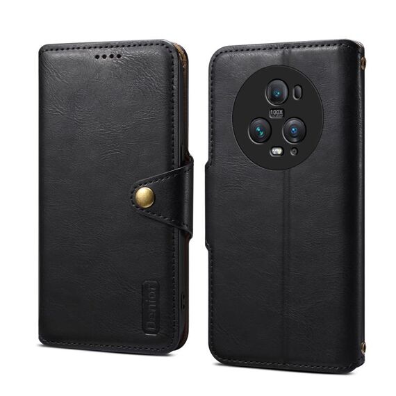 Custodia per telefono in pelle stile portafoglio con texture in pelle di vacchetta Denior per Honor Magic5 Pro (nera)