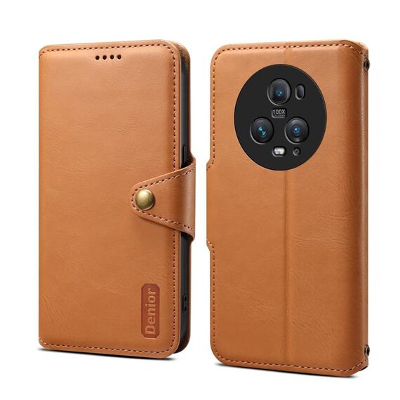 Custodia per telefono in pelle stile portafoglio con texture in pelle di vacchetta Denior per Honor Magic5 Pro (cachi)