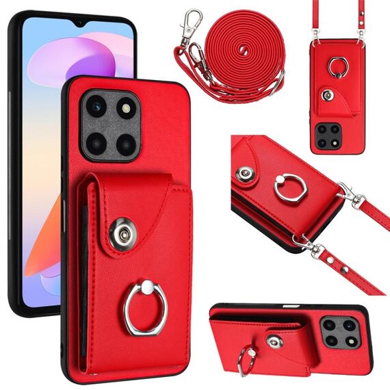 Custodia per telefono con supporto per anello per borsa per organo per Honor X6a con cordino lungo (rosso)