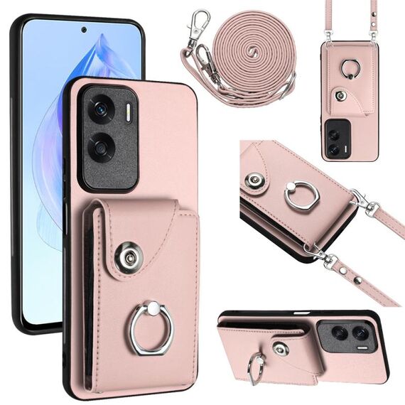 Per Honor X50i / 90 Lite Custodia per telefono con supporto ad anello per porta tessere con cordino lungo (rosa)