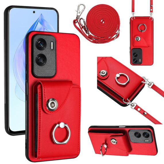 Per Honor X50i / 90 Lite Custodia per cellulare con supporto per anello per carte d'organo con cordino lungo (rosso)