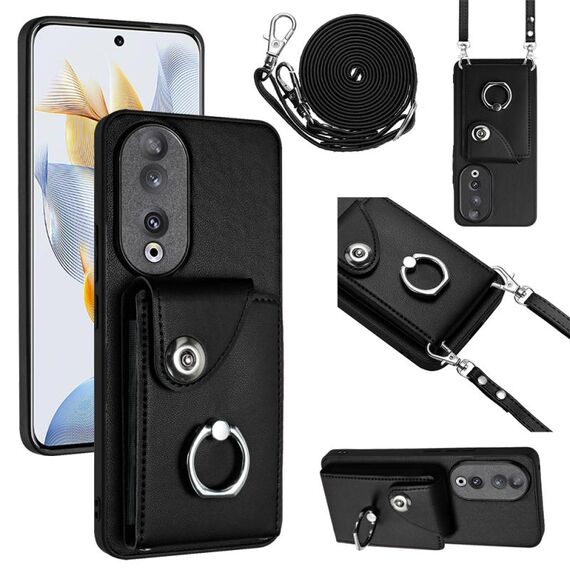 Custodia per telefono con supporto per anello per borsa per organo Honor 90 con cordino lungo (nero)