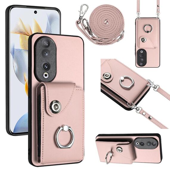 Custodia per telefono con supporto per anello per borsa per organo per Honor 90 con cordino lungo (rosa)