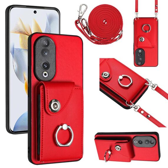Custodia per telefono con supporto per anello per borsa per organo per Honor 90 con cordino lungo (rosso)