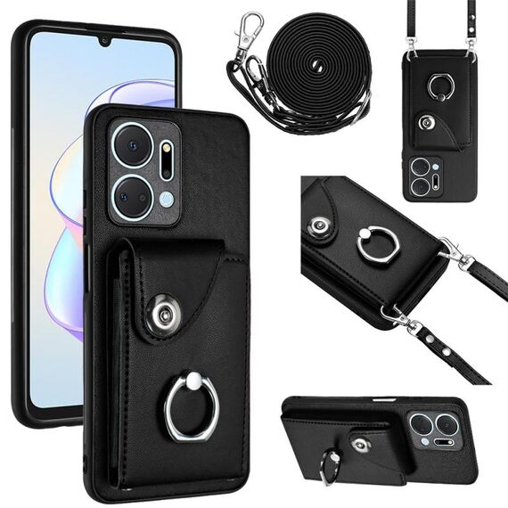 Per Honor X7a / Play7T Custodia per cellulare con porta carte per organo con cordino lungo (nero)