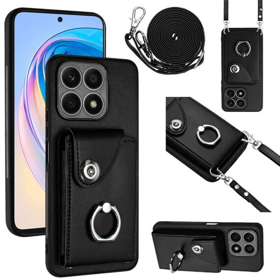 Custodia per telefono con supporto per anello per borsa per organo per Honor X8a con cordino lungo (nero)