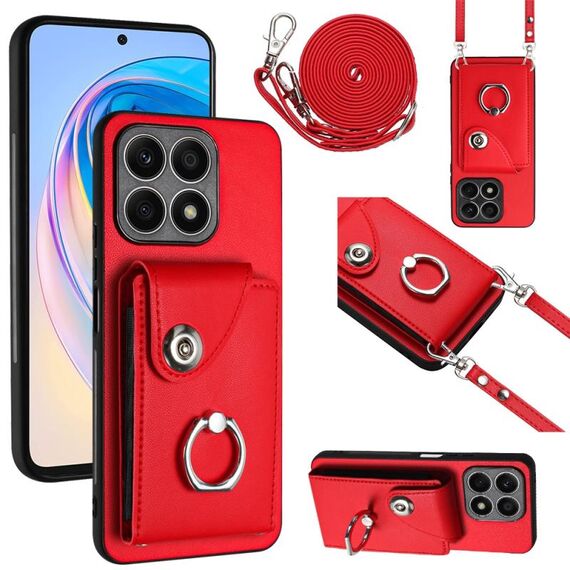 Custodia per telefono con supporto per anello per borsa per organo Honor X8a con cordino lungo (rosso)