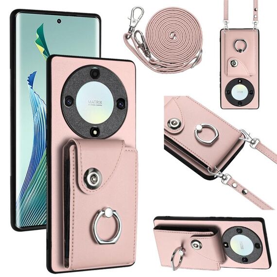 Per Honor X9a / Magic5 Lite Custodia per cellulare con porta carte per organo con cordino lungo (rosa)