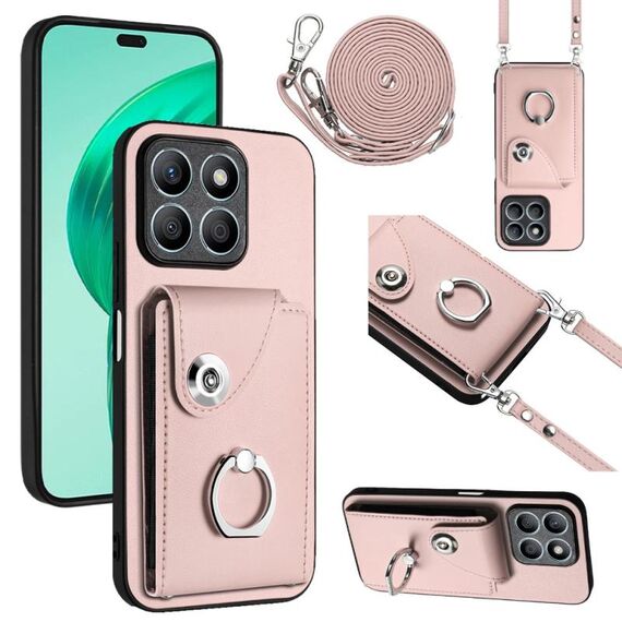 Per Honor X8b 4G Custodia per cellulare con supporto per anello per carte d'organo con cordino lungo (rosa)