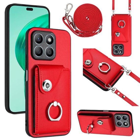 Per Honor X8b 4G Custodia per cellulare con supporto per anello per carte d'organo con cordino lungo (rosso)