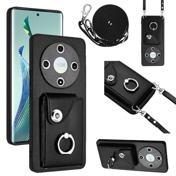 Per Honor X9b / Magic6 Lite Custodia per cellulare con porta carte per organo con cordino lungo (nero)