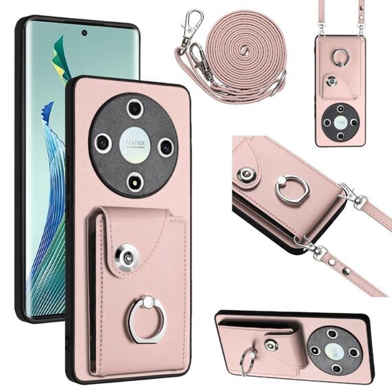 Per Honor X9b / Magic6 Lite Custodia per cellulare con porta carte per organo con cordino lungo (rosa)