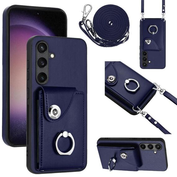 Per Samsung Galaxy S24 5G Custodia per telefono con supporto ad anello per porta tessere con cordino lungo (blu)