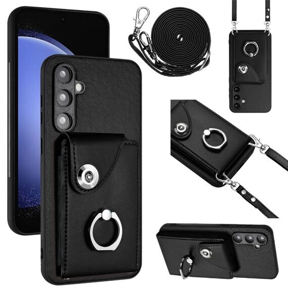 Per Samsung Galaxy S23 FE 5G Custodia per cellulare con supporto per anello per carte d'organo con cordino lungo (nero)