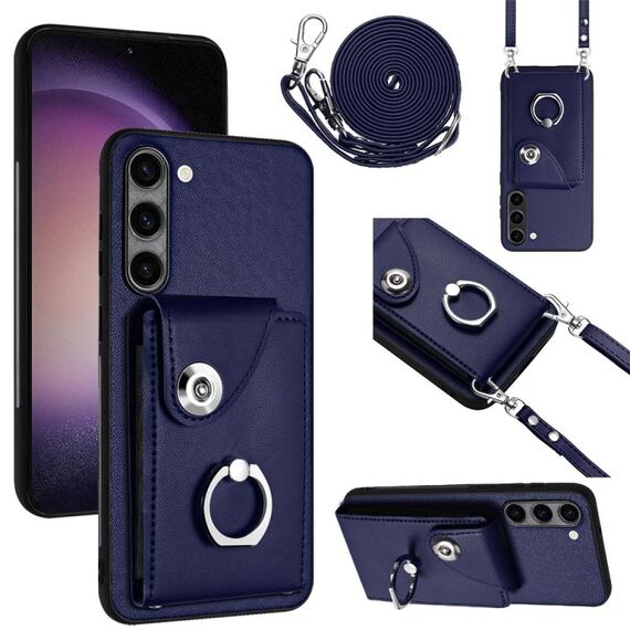 Per Samsung Galaxy S23+ 5G Custodia per telefono con supporto ad anello per porta carte d'organo con cordino lungo (blu)