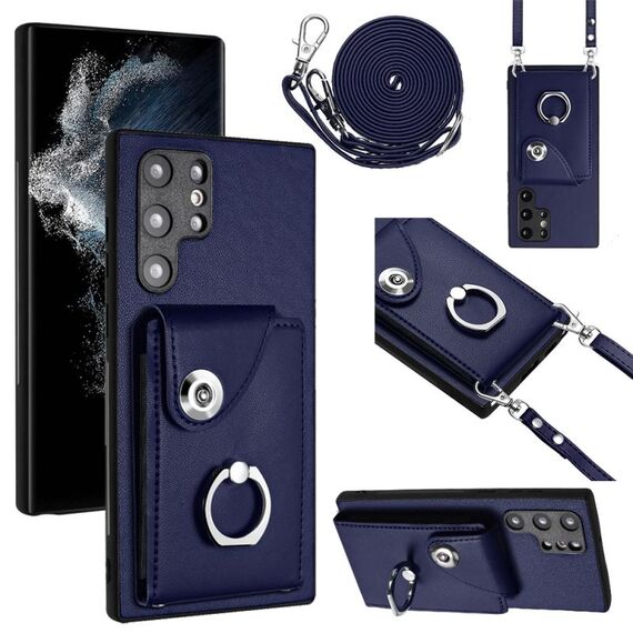 Per Samsung Galaxy S22 Ultra 5G Custodia per telefono con supporto ad anello per porta carte di organo con cordino lungo (blu)