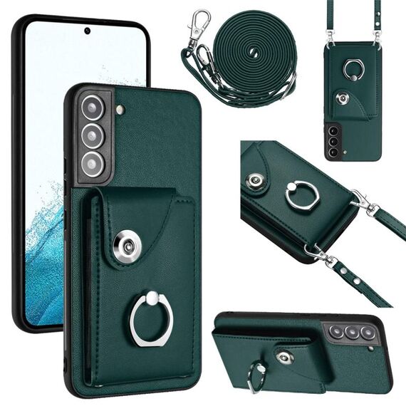 Per Samsung Galaxy S22 5G Custodia per telefono con supporto ad anello per porta tessere con cordino lungo (verde)