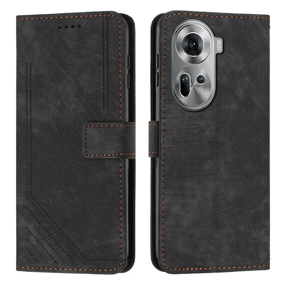 Per OPPO Reno11 5G Global Skin Feel Custodia per telefono in pelle con motivo a strisce con cordino lungo (Nero)