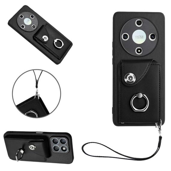 Per Honor X9b / Magic6 Lite Borsa per carte da organo Porta anelli Custodia per telefono in PU con cordino (Nero)