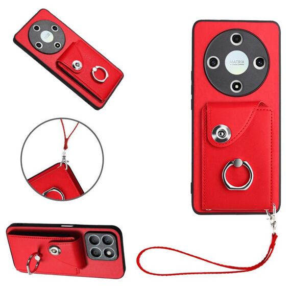 Per Honor X9b / Magic6 Lite Borsa per carte da organo Porta anelli Custodia per telefono in PU con cordino (Rosso)