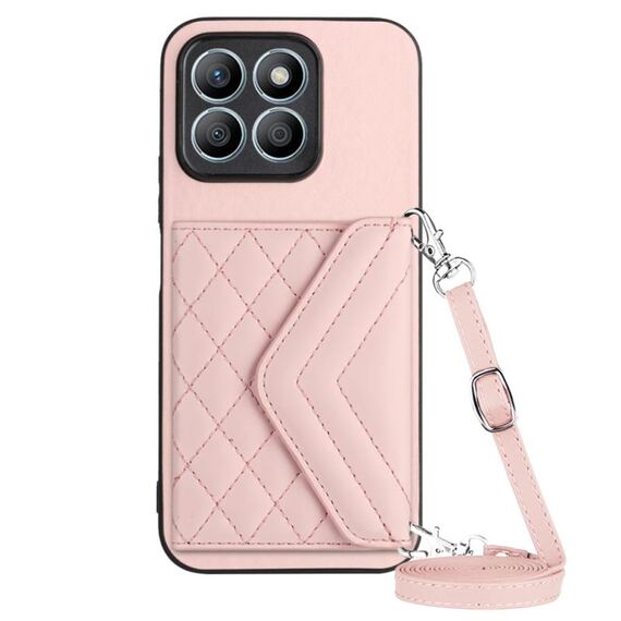 Custodia per telefono RFID con struttura rombica globale per Honor X8b 4G con cordino lungo (oro rosa)