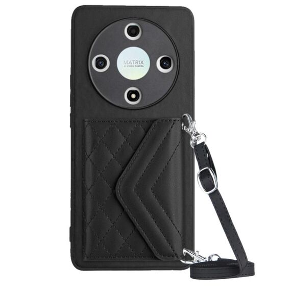 Custodia per telefono RFID con texture rombica per Honor X9b / Magic6 Lite con cordino lungo (nero)