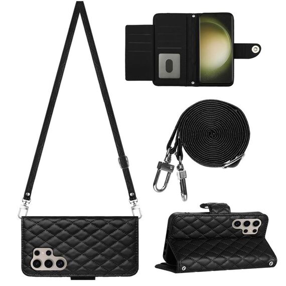 Custodia per cellulare in pelle con texture rombica per Samsung Galaxy S24 Ultra 5G con cordino lungo (nero)