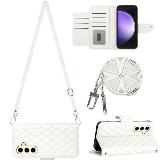 Per Samsung Galaxy S24+ 5G Custodia per telefono in pelle con texture rombica con cordino lungo (Bianco)