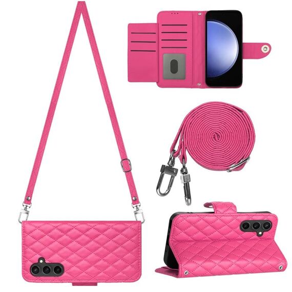 Custodia per cellulare in pelle con texture rombica per Samsung Galaxy S23 FE 5G con cordino lungo (rosa rosso)