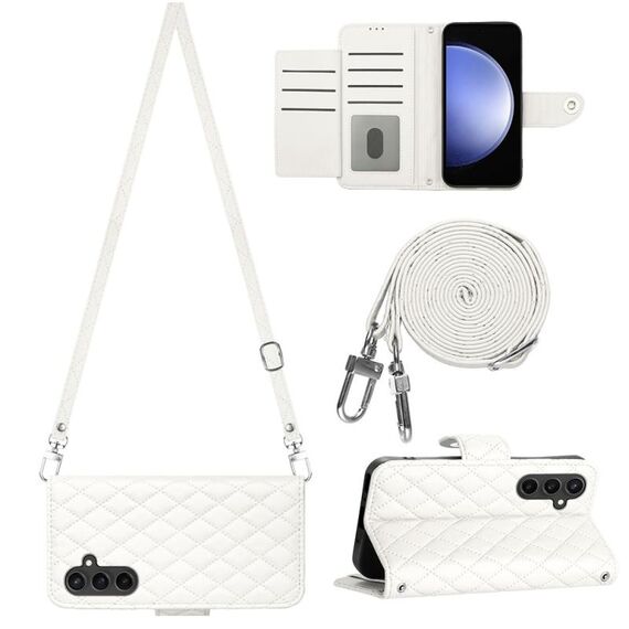 Per Samsung Galaxy S23 FE 5G Custodia per telefono in pelle con texture rombica con cordino lungo (Bianco)