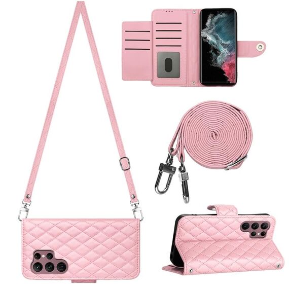 Per Samsung Galaxy S22 Ultra 5G Custodia per cellulare in pelle con texture rombica con cordino lungo (rosa)