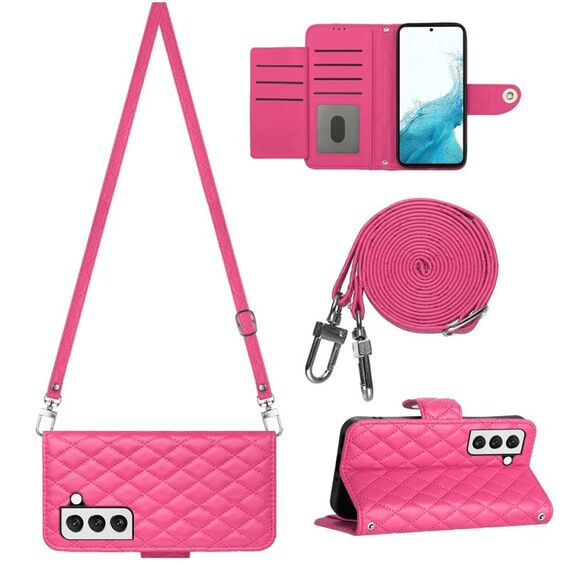 Custodia per cellulare in pelle con texture rombica per Samsung Galaxy S22+ 5G con cordino lungo (rosa rosso)